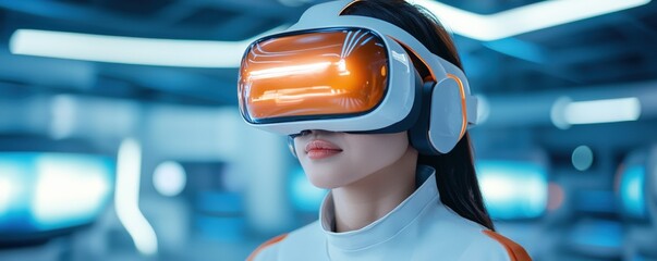 Poster - a woman wearing a futuristic vr headset engages in a virtual environment, showcasing advanced techno