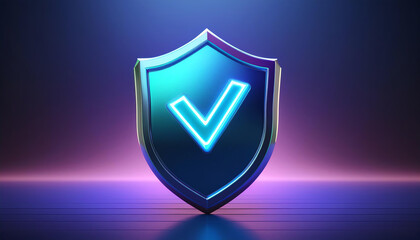 Poster - A sleek, glowing shield icon featuring a check mark, symbolizing security and validation against a vibrant background.