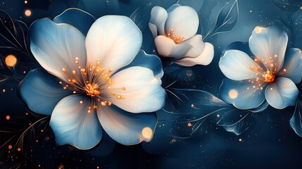 Wall Mural - Elegant blue flowers, dark background, glowing, digital art, home decor