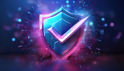 Aufkleber - A vibrant shield icon with a checkmark, representing security and trust, radiates colorful sparks against a dark backdrop.