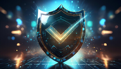 Poster - A futuristic shield icon with a checkmark, symbolizing security and verification, surrounded by glowing particles and a digital backdrop.