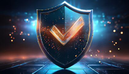 Poster - A glowing shield icon with a checkmark symbolizes security and validation in a digital environment.