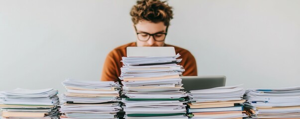 Poster - Productive work session man surrounded by stacks of paper office environment focused attitude