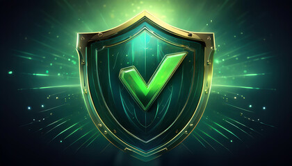 Poster - a shield emblem with a green check mark, radiating light effects, symbolizes security and protection