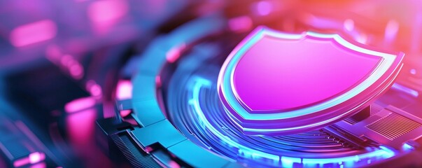 Poster - A colorful digital shield icon set against a futuristic background, symbolizing cybersecurity and protection.