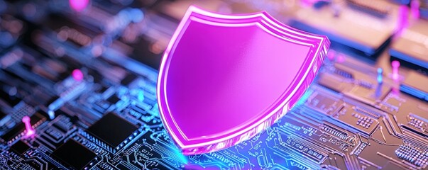 Poster - A glowing pink shield icon sits atop a circuit board, symbolizing digital security and protection in a high-tech environment.
