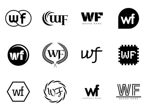 WF logo company template. Letter w and f logotype. Set different classic serif lettering and modern bold text with design elements. Initial font typography.