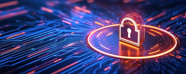 Poster - A glowing lock icon surrounded by vibrant digital circuitry, symbolizing cybersecurity and data protection in a modern technological landscape.