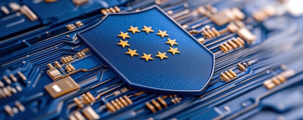 Poster - a blue circuit board featuring the european union flag emblem, symbolizing technology and digital go
