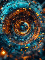 Poster - abstract digital art depicting a mesmerizing, spiraling tunnel of glowing teal and orange circuitry.