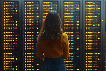 Poster - Woman stands facing illuminated server racks, showcasing technological advancement and data processing.  The image conveys concepts of innovation, digital transformation, and the power of technology.