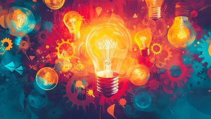 Poster - Illuminated light bulb, creative idea, colorful background, gears, concept