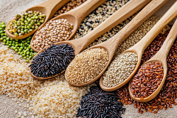 A display of legumes such as lentils and chickpeas, rich in plant-based protein and iron on wooden spoons