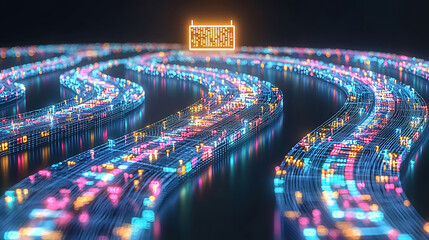 Poster - Abstract digital data streams flowing in curving paths, converging towards a glowing information display.  Neonlit pathways represent complex data flow and processing.