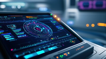 Poster - A futuristic digital interface displays data and visuals, showcasing advanced technology in a sci-fi setting.