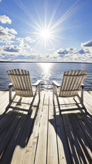 Wall Mural - Two chairs on sunny lakeside deck