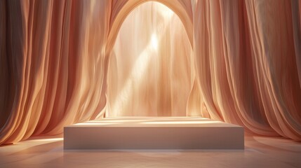 Poster - A 3D-rendered abstract background featuring clean white geometric patterns and a soft-lit display podium.