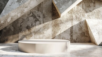 Aufkleber - A 3D-rendered award stage with a sleek white round podium, surrounded by elegant geometric gray shapes.