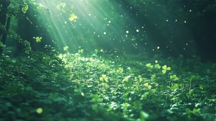 Sticker - Sunbeams illuminate lush clover field. Ideal for nature, spring, or fantasy themes.