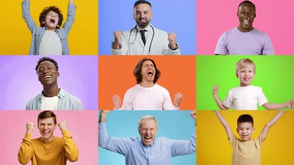Poster - A diverse group of cheerful individuals expresses their happiness with enthusiastic gestures. Each person radiates excitement and pride, celebrating their achievements in a vibrant setting.