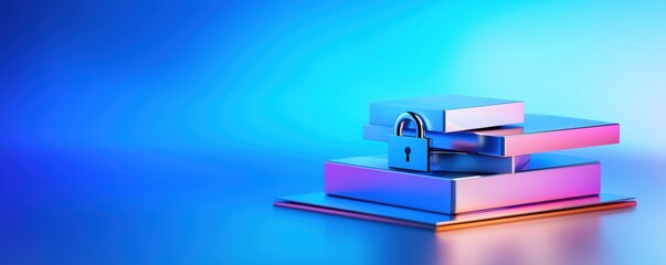 Poster - A modern lock sits atop colorful, layered boxes, illuminated by vibrant blue and pink lighting, creating a visually striking, abstract composition.