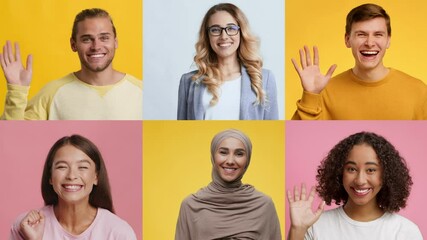 Poster - A collage showcases a diverse group of individuals smiling and waving hello. Their joyful gestures and expressions create a warm and inviting atmosphere filled with positive emotions.