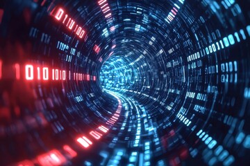 A futuristic digital tunnel filled with binary code, showcasing a mesmerizing blend of blue and red lights. Perfect for illustrating tech advancements.