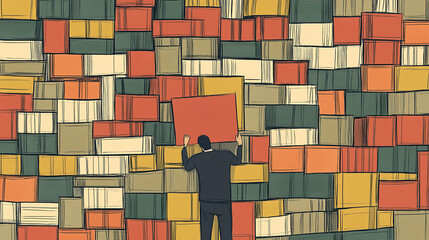 Poster - Organizing colorful stacked boxes office space illustration creative environment eye-level view productivity concept