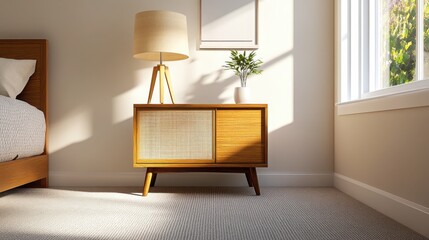 Sticker - A close-up of a modern nightstand with a sleek lamp in a hotel room. 