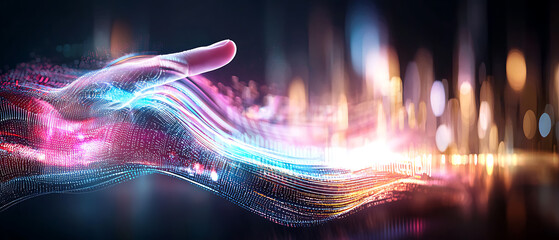 Poster - Digital wave interaction futuristic city abstract art nighttime close-up technology concept