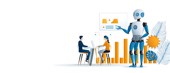 Poster - engaging robot interaction in business meeting office space digital illustration modern environment 