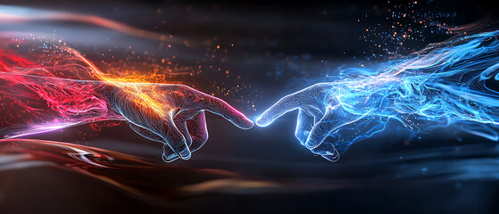 Poster - Divine connection electric hands touching digital realm concept art futuristic environment close-up viewpoint