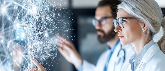 Poster - Innovative researchers analyzing data laboratory scientific study modern environment close-up view technology exploration