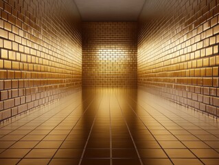 Wall Mural - A smooth, golden wall of bricks, each reflecting light, with an intricate, glossy texture that adds depth and elegance, against a dark, moody background. 