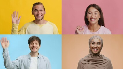 Poster - A vibrant collage features four individuals from diverse backgrounds happily waving their hands in greeting. Each person shows excitement, set against bright, colorful backgrounds.