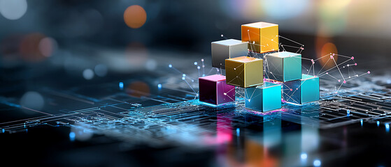 Poster - Innovative tech cube arrangement digital workspace 3d visualization high-tech environment aerial view modern design