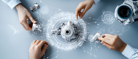 Poster - Innovative technology assembly modern workspace creative collaboration digital environment top-down perspective engineering concepts