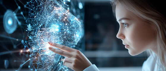 Poster - Futuristic interaction girl engaging with technology digital environment close-up viewpoint innovation concept