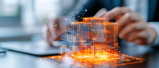 Poster - Innovative building visualization modern office 3d render urban setting close-up view digital architecture concept