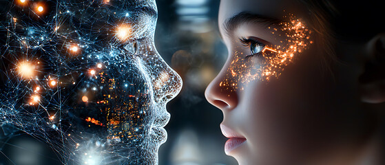 Poster - Digital consciousness awakening the fusion of technology and humanity futuristic setting visual art intimate close-up ai concept