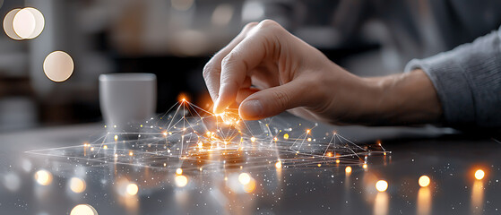 Poster - Innovative hand gesture indicating digital connection modern workspace visual representation contemporary setting close-up viewpoint