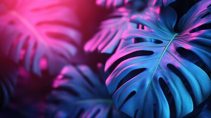 Poster - Neon-lit Monstera leaves, tropical background, vibrant, design