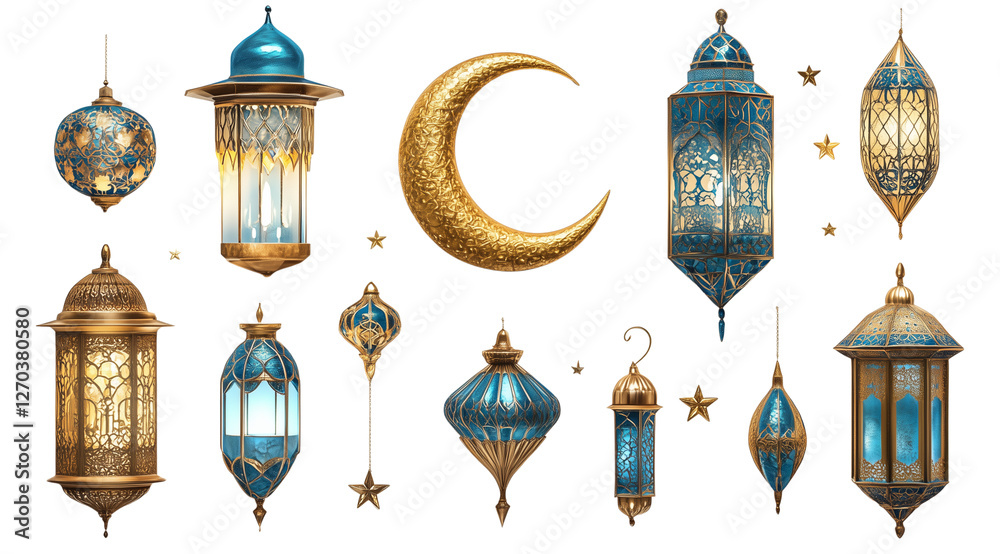 PNG, Ramadan, set of lanterns with crescent moon and stars, isolated on ...