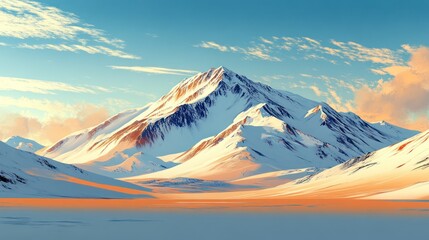 Wall Mural - Majestic snow-capped peak sunrise, desert landscape, travel poster