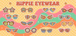© Vector Tradition - Hippie groovy eyeglasses and sunglasses with cartoon psychedelic rainbow pattern. Vector funky glasses with groovy flower, mushroom, smile and heart emojis. Hippy peace sign, sun and diamond eyewear