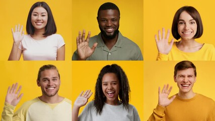 Poster - A cheerful group of diverse individuals are seen waving and smiling in a collage on a bright yellow background. Their energetic gestures convey a warm, friendly atmosphere and positive emotions.