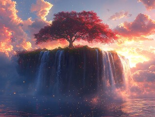 Poster - a floating island surrounded by shimmering waterfalls, glowing fireflies dancing in the twilight, dr