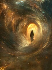 Poster - a time traveler stepping through a glowing portal into an alternate dimension, swirling cosmic color