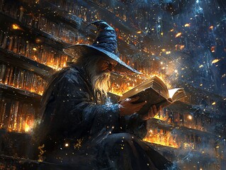 Poster - An enchanted library with floating books, glowing runes on the shelves, soft golden and blue ambient light, an old wizard reading a book that emits a soft radiant glow, fantasy magic, highly