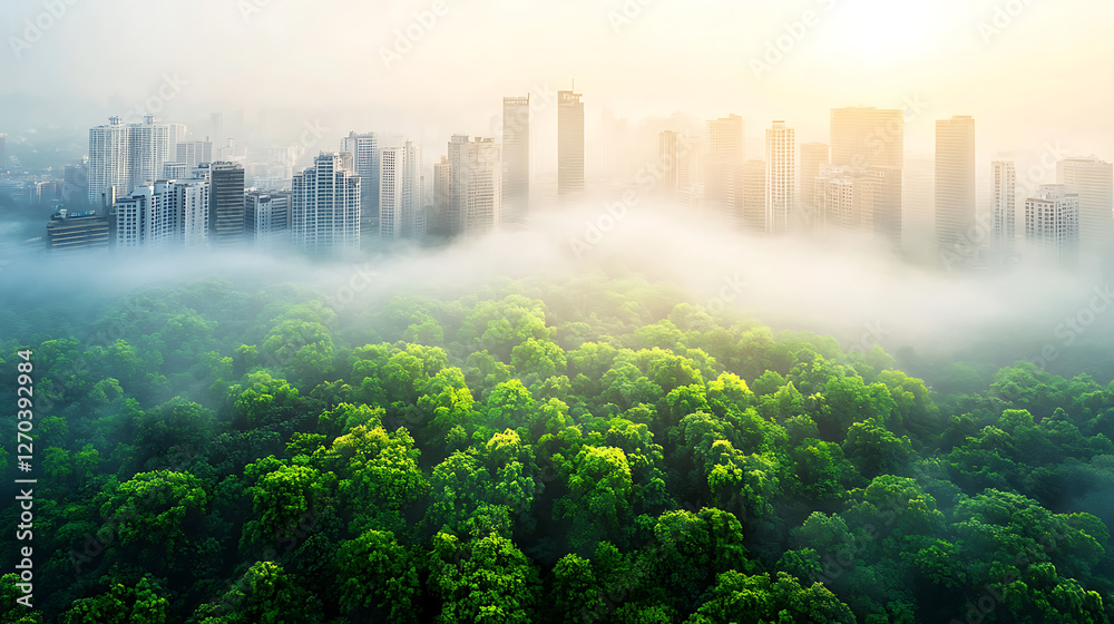 Aerial view of city skyline surrounded by lush green trees and fog ...